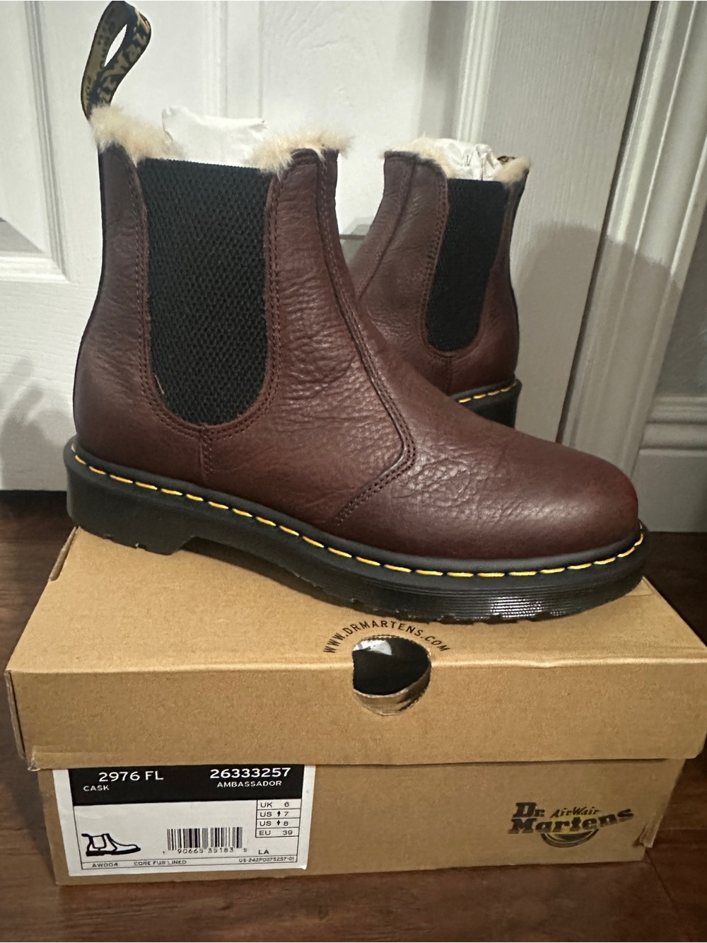 Dr. Martens Brown Leather Chelsea Ankle Boots with Shearling Trim